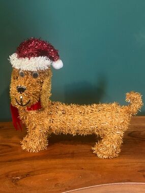 Christmas Festive Golden Dog Holiday Figurine with Red Hat wiener